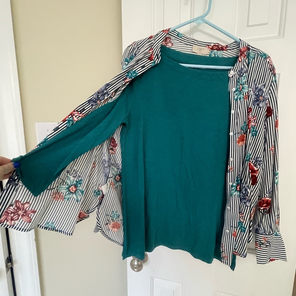 Loft Floral Striped button up top with 3/4 length teal cotton shirt - 2 pieces